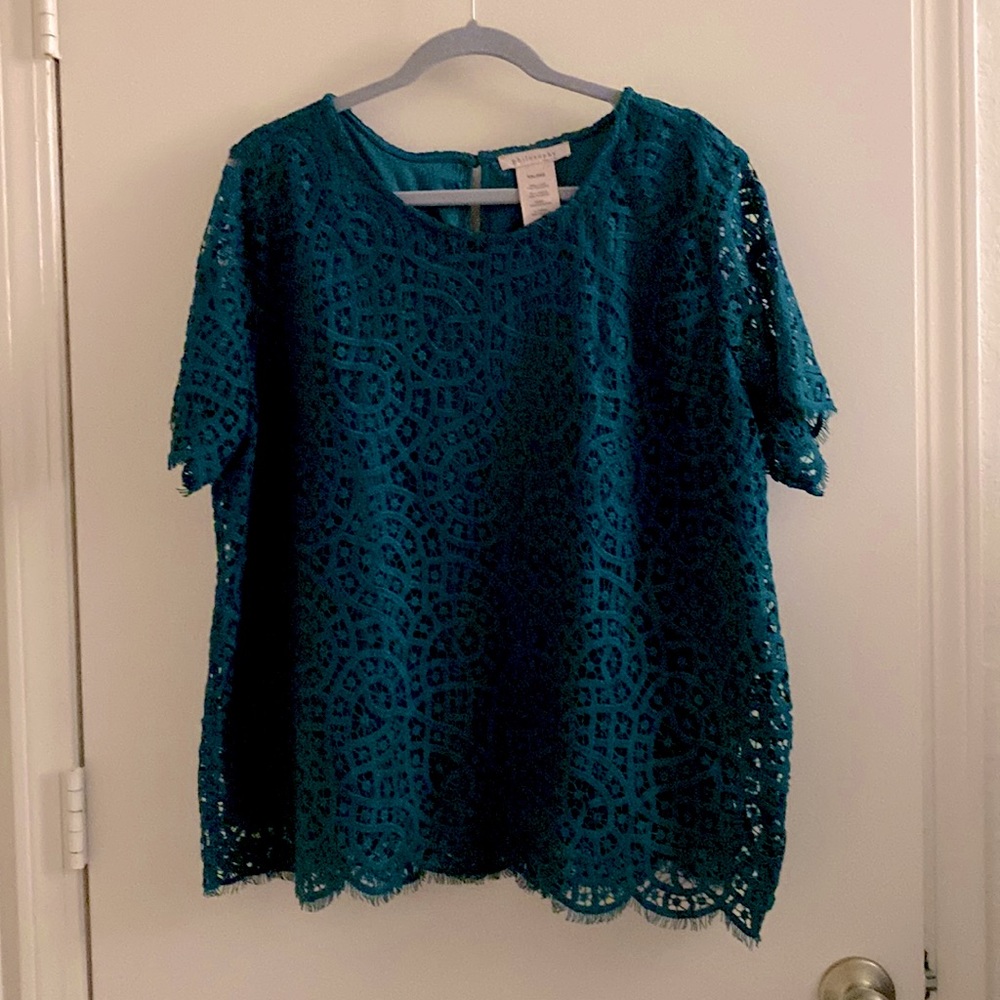Philosophy Republic Clothing Womens Short Sleeve Crochet Overlay Top XXL Teal